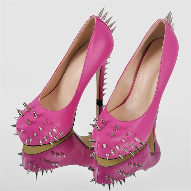 Women  Round Toe Pink Platform Rivet  Heels Pumps Dress Party Dress Sexy 13CM Stiletto Slip On Heels Shoes