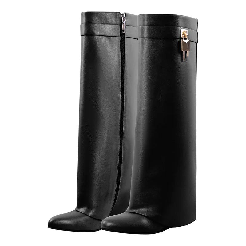 Onlymaker Women Shark Lock Pants Boots Women Wedge Brand Fold Knee High Heel Black Red Female Boots