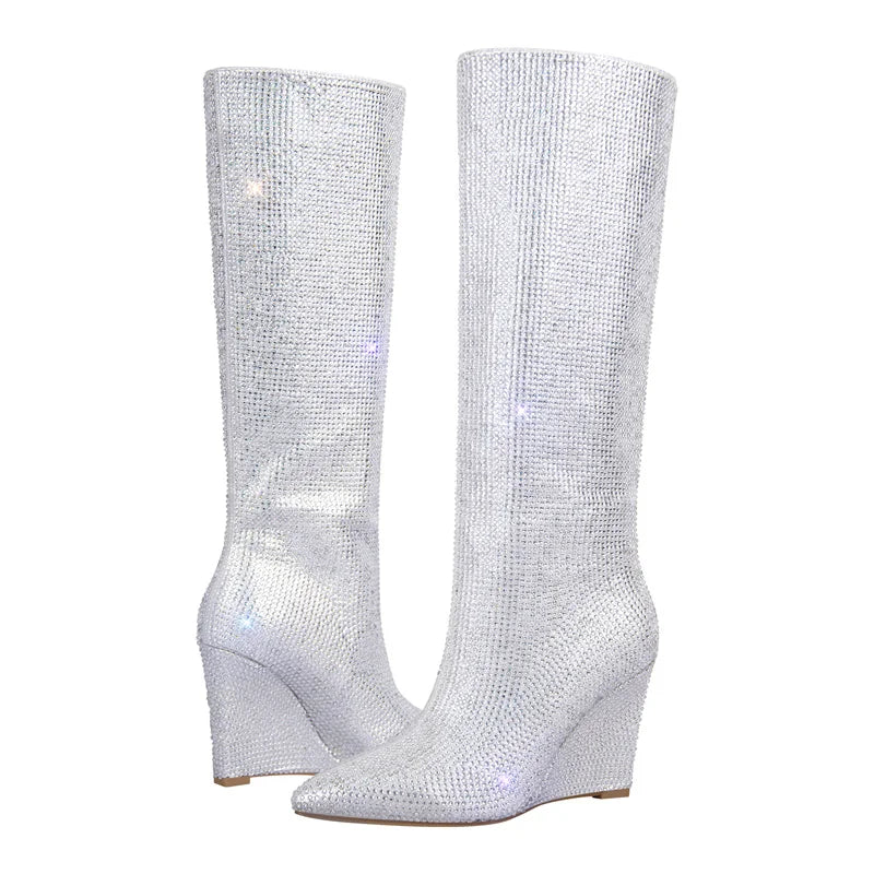 Onlymaker Wedges Heel Crystal-Embellished  Knee Boots Rhinestone  Western Cowboy Fashion Party Dress Winter Boots