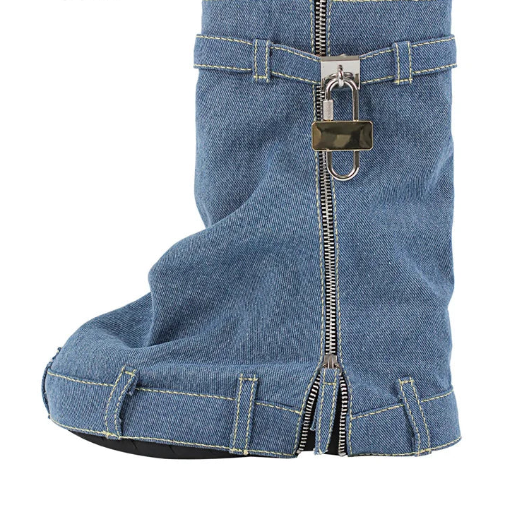 Women Denim Ankle Boots Lock Shark Boots Zipper Washed Cloth Create Old Design Wedge Heel Thick Fashion  Booties