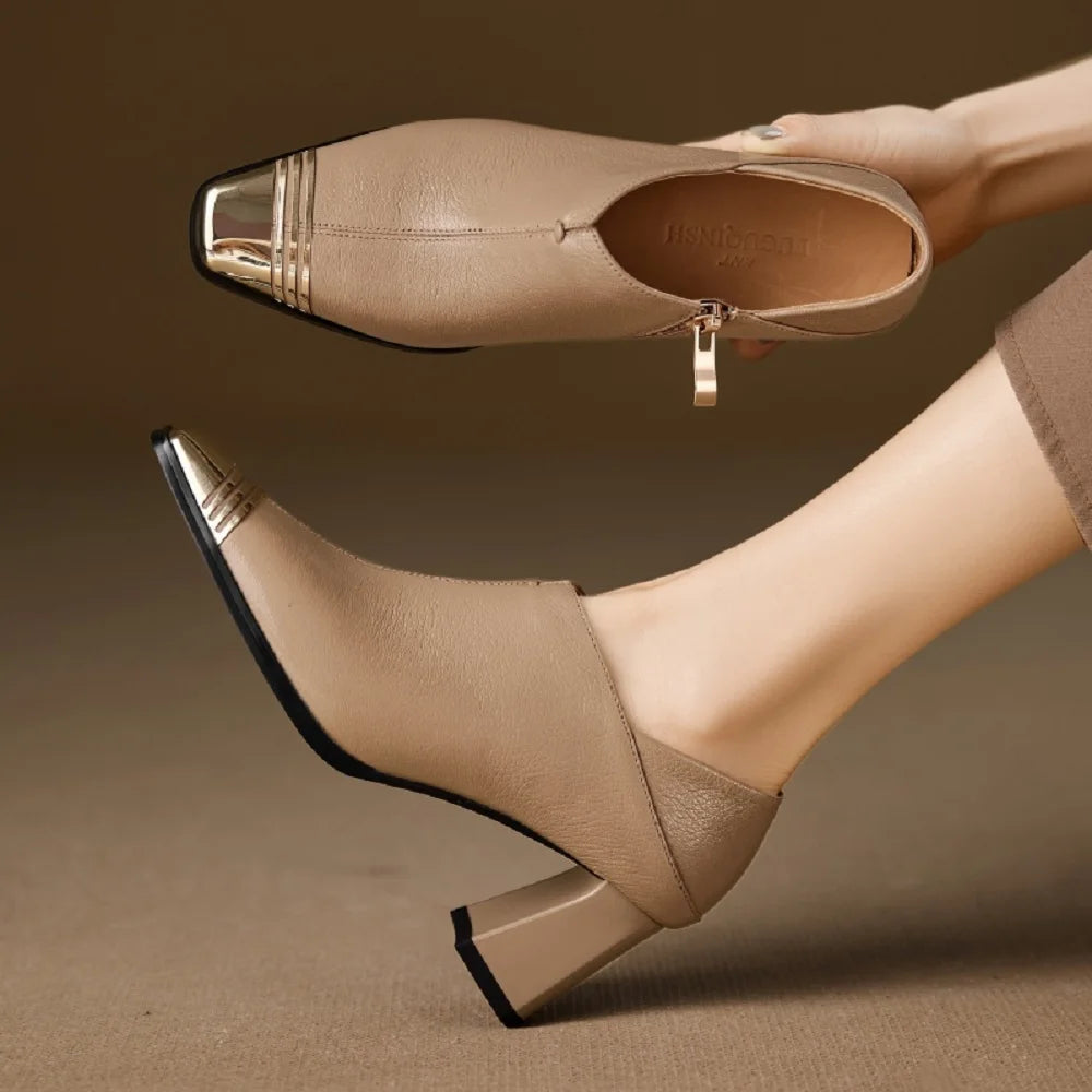 Women's Handmade New Metal Headed Genuine Leather Cowhide High Heels Square Headed Retro Shoes 34-40