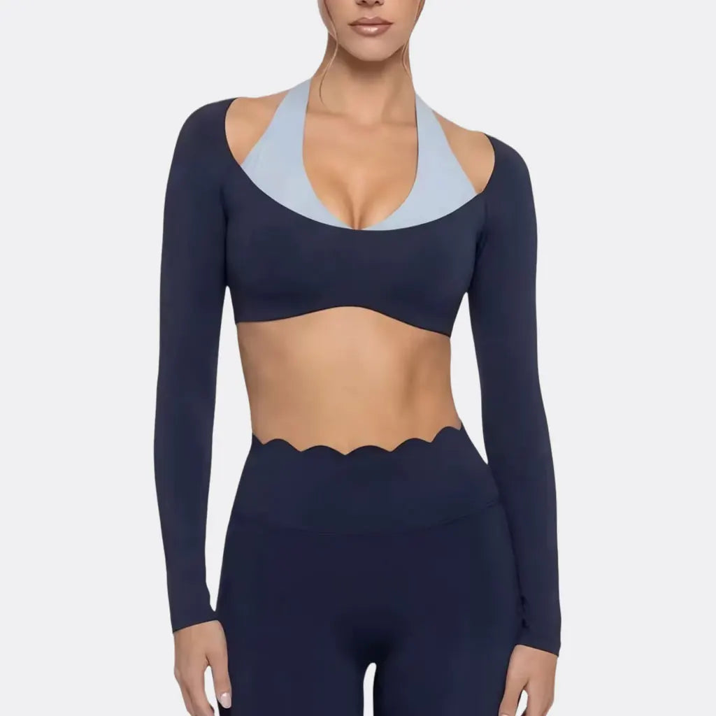 Women's Fake Two-Piece Sports Long Sleeve Halter Neck Pilates Yoga Shirt Slim Fit Fitness Sports Top Leggings Workout Tights