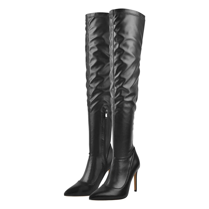 Onlymaker Women Pointed Toe Side Zipper Patent Leather Thin High Heels Concise Sexy Party Over The Knee Spring Autumn  Boots