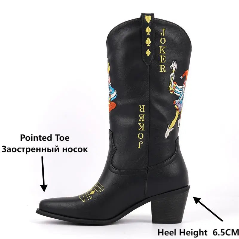 Women Matte Black Pointed Toe Joker Embroidery Mid-Calf Western Boots  Big Size Block Heel Cowboy Boots