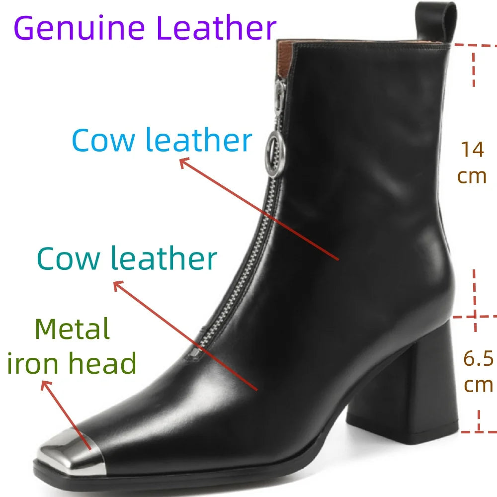 Women Handmade Genuine Leather Ankle Boots Metal High Heels Shoes Winter Square Toe Dress Lady Short Boots 34-40