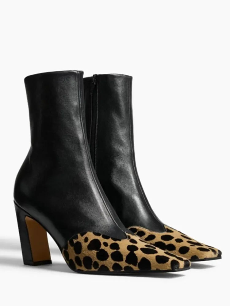 Spring and Autumn Square Head Thick High Heels Women's Short Boots Leopard Pattern Fashion Fashion Show Elastic Short Boots