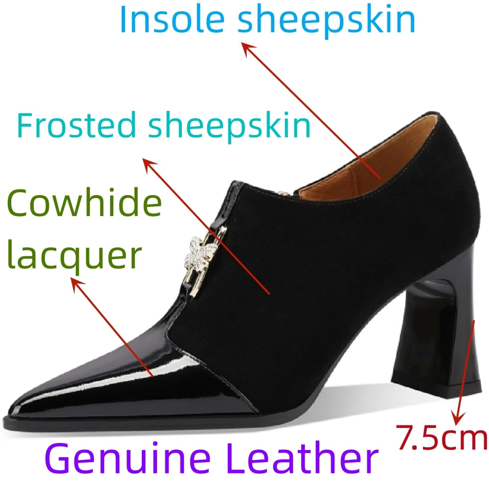 Women's New Handmade Brand Genuine Leather Retro Simple Pointed Side Zipper High Heel Large Top Work Shoes 33-43