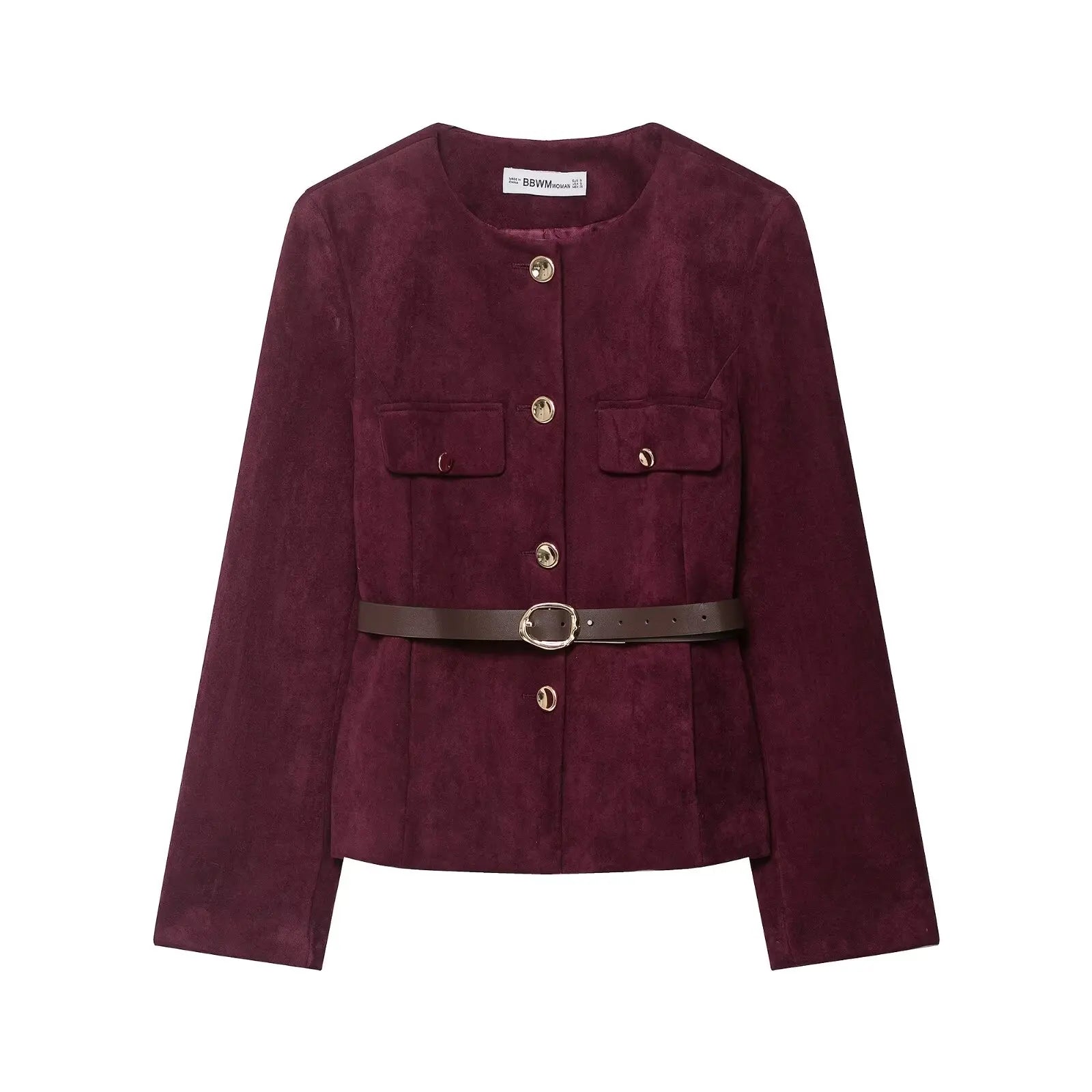 HH Women New Fashion Suede Blazer Coats O Neck Single Breasted Long Sleeve Belt Jacket Autumn Casual Female Y2K Streetwear