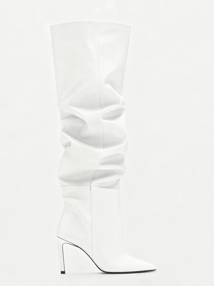 Fashion Pointed High Heels with Pleated Pile Boots, Size 46 Knee High Boots for Women, High Tube Boots