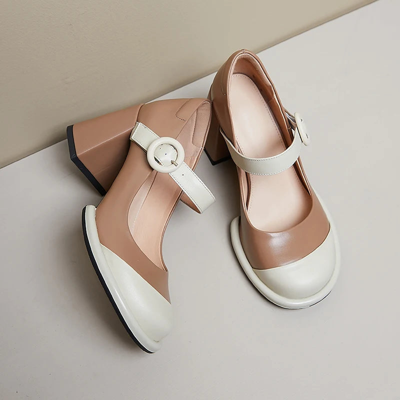 Women's Genuine Leather Shoes Spring Summer Square HIgh Heels Round Toe Black Beige Dress Party Mary Janes Pumps