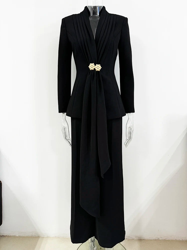 STEET Newest 2026 Designer Suit Set Women's Collarless Blazer Jacket Wide Leg Pants Suit 2pcs