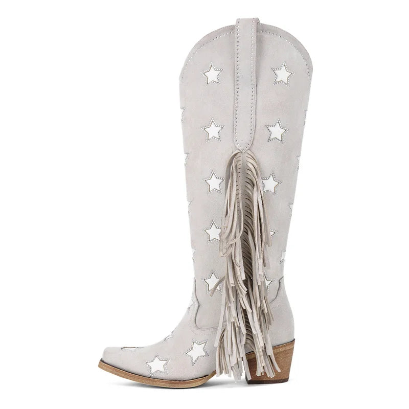 Onlymaker Women Pointed Toe Fringe Side Zipper Retro Western Cowgirl Boots Fringed Chunky Heel  Adjustable Cowboy Boots
