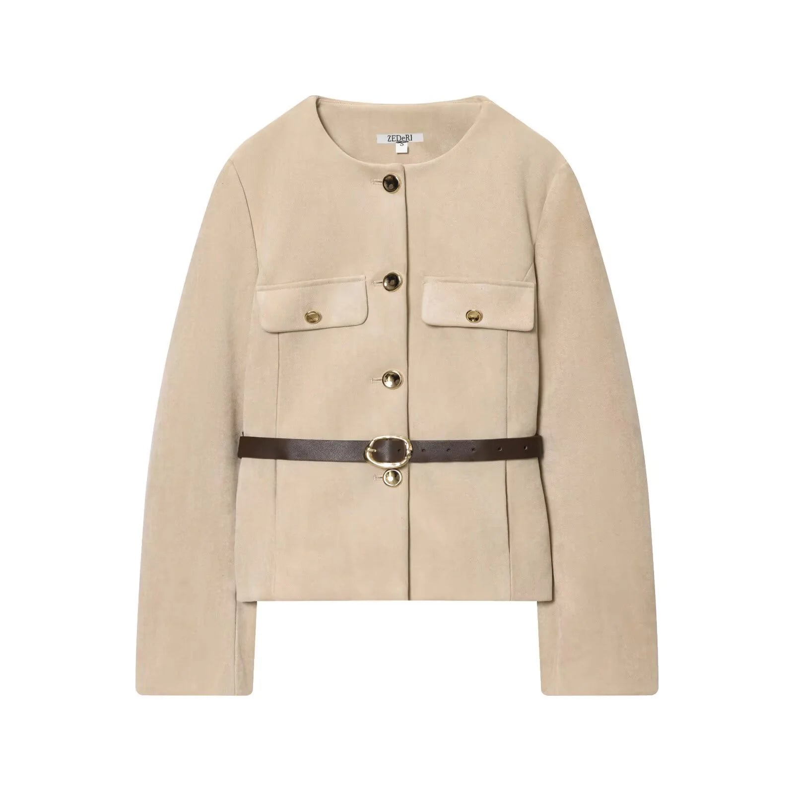 European and American style 2025 autumn new women's round neck with belt and suede texture effect suit jacket