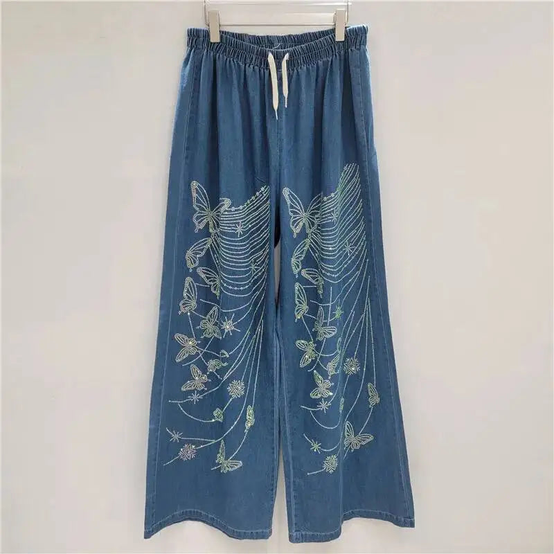 2026 Autumn New Heavy Industry Women's Two-pieces Set Diamond Design Denim Shirt Cardigan Loose Straight Casual Pants