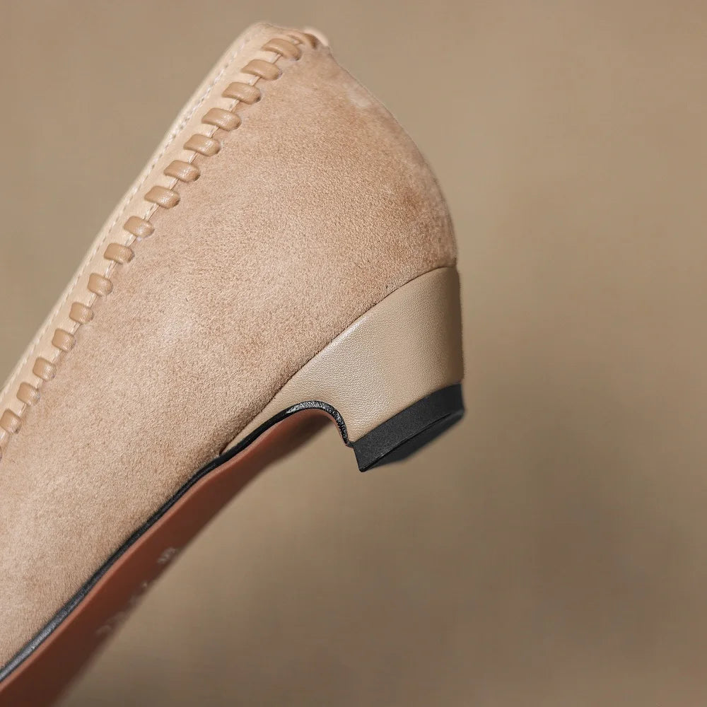 Handmade Genuine Leather Square Toe Low Heels Spring Autumn Shoes Beading Preppy Style Sewing Shallow Women Pumps