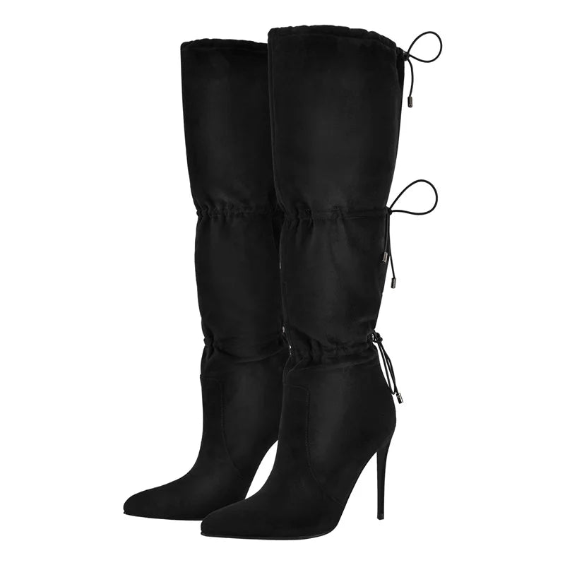 Onlymaker Women Pink Faux Leather Drawstring Knee High Boots 10.5cm Thin Heels Big Size  Boots