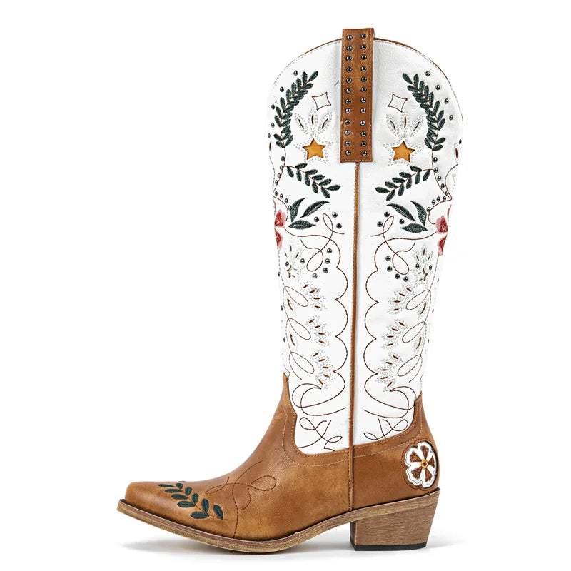 Onlymaker Women Pointed Toe Rivet Pull On Knee High Embroidery Western Cowgirl Boots Chunky Heel Embroidery Cowboy Boots
