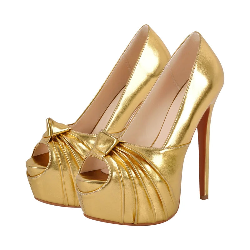 Women Peep Toe Platform Stiletto High Heeled Pumps Gold Knot Bow Style Sexy Shoes