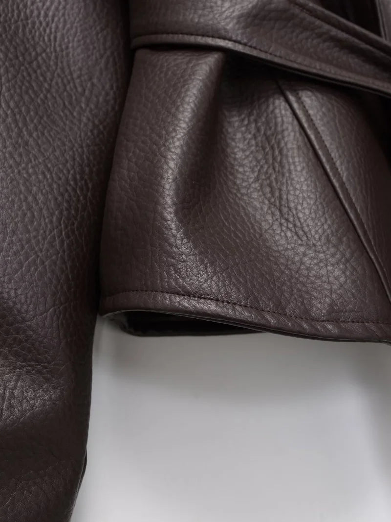 Women's PU Leather Vintage Wrap Jacket Belted High Neck Short Coat 2026 Spring Minimalist Retro Urban Fashion Outerwear