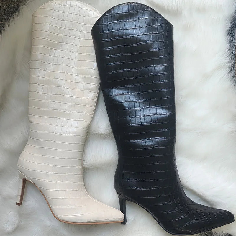 Onlymaker Women Pointed Slip-on Stiletto Stretch Knee-high Boots Dressy Fashion Sexy Party Winter Boots
