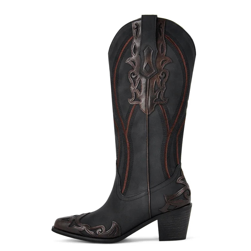 Onlymaker Women Pointed Toe Side Zipper Embroidery Flower Western Cowgirl Boots Chunky Heel Embroidery Cowboy Boots