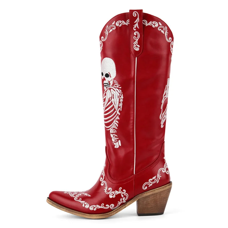 Onlymaker Women Skeleton Embroidery Halloween Western Sewing Floral Cowboy Boots Retro Mid-Calf Western Boots