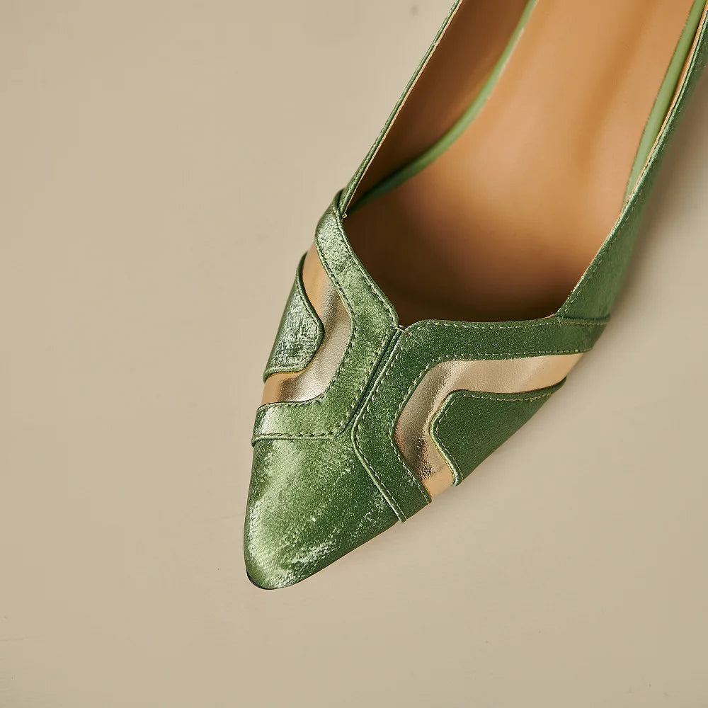 Brand Genuine Leather Medium Heels Pumps Shoes Woman Sexy Point Toe Heels Office Dress Ladies Sandals 34-42