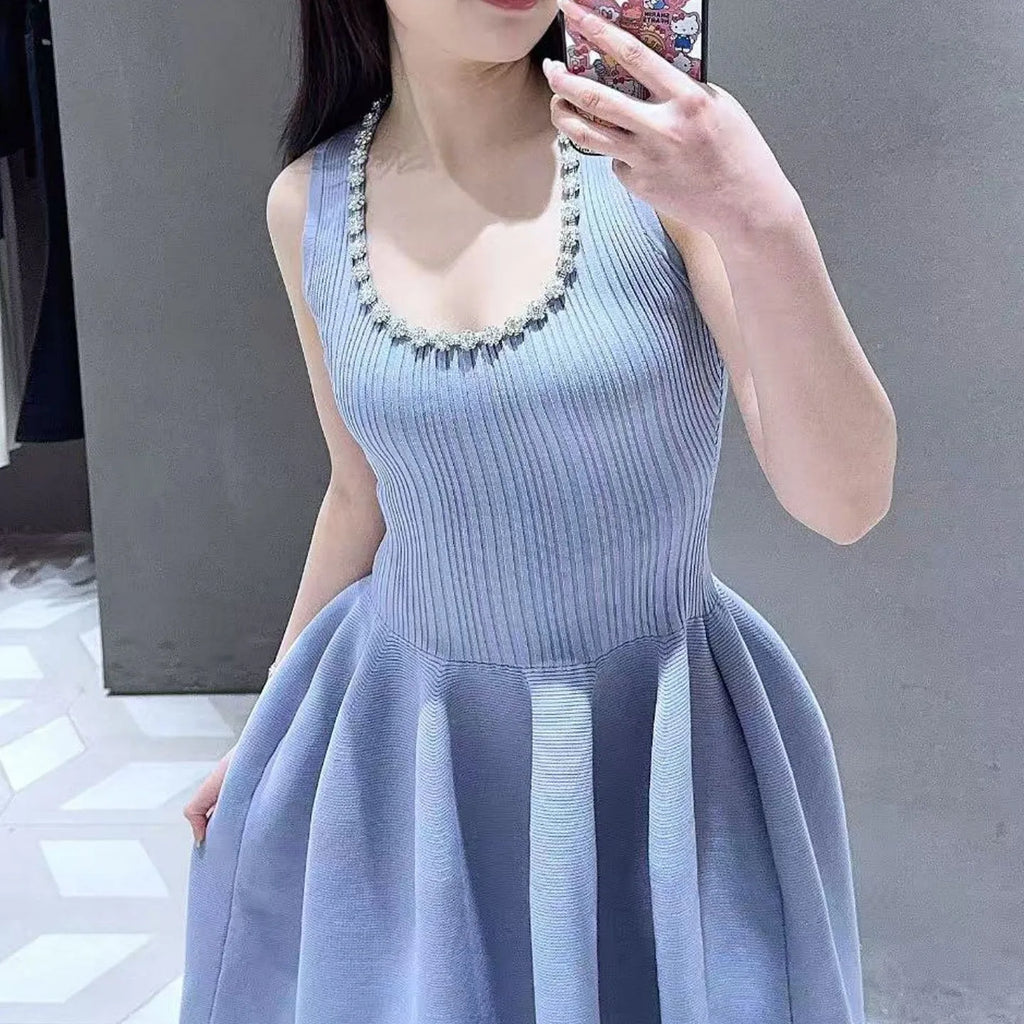 Woman U-neck slim fit knitted dress suspenders office ladies elegant midi robe