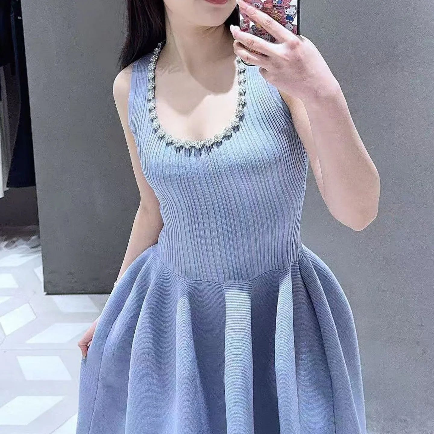 Woman U-neck slim fit knitted dress suspenders office ladies elegant midi robe