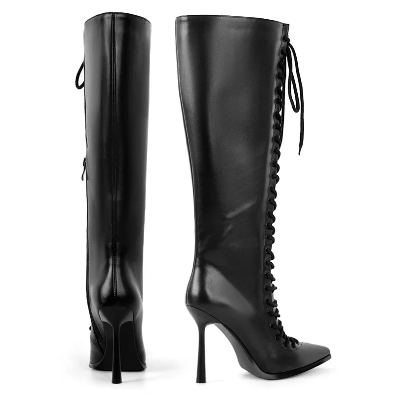 Onlymaker Pointed Toe Lace Up Faux Leather Knee-high Boots Thin Heel Side Zipper Fashion Elegant Boots