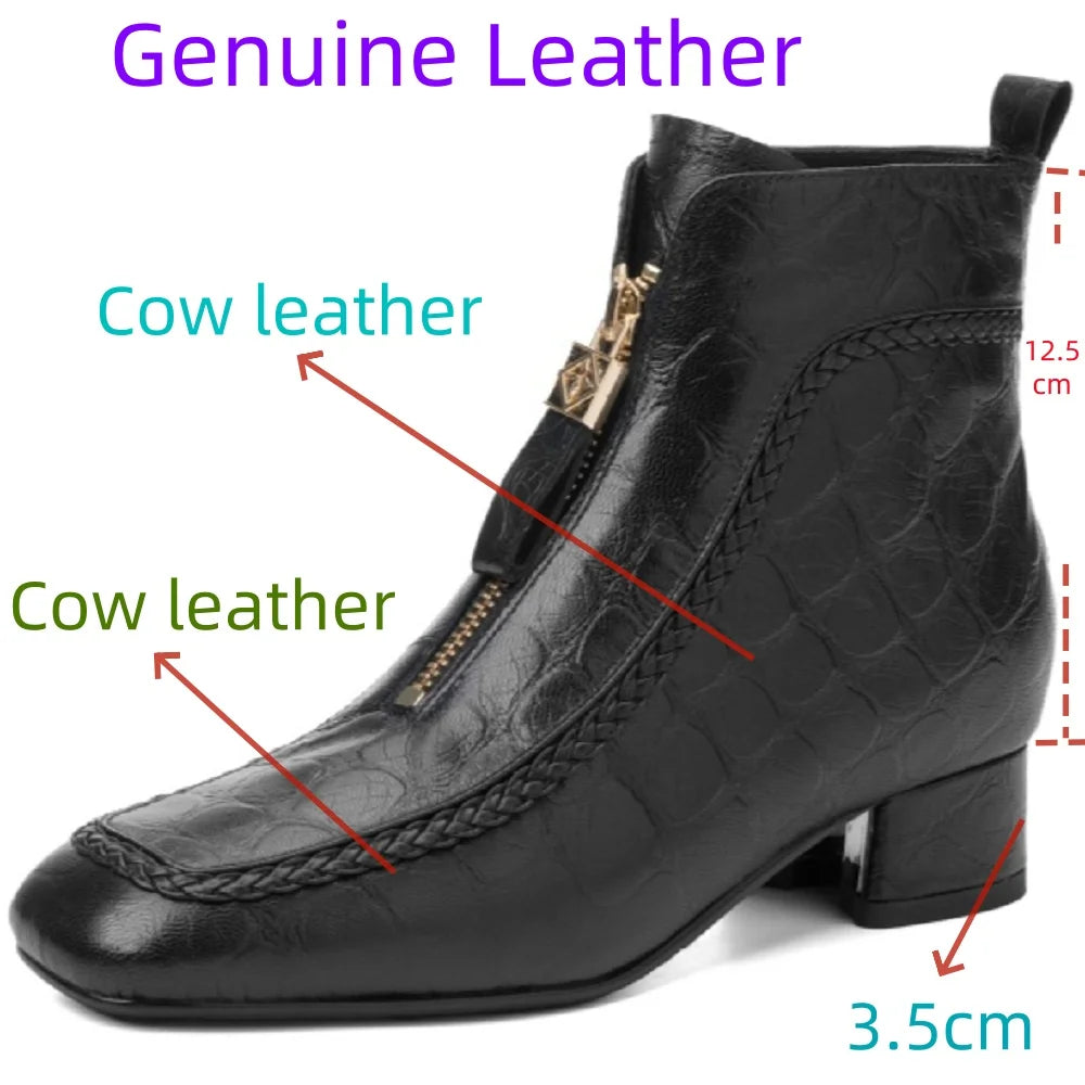 New Women Handmade Genuine Leather Soft and comfortable Square Toe Chunky Heel Shoes Modern Ankle Boots