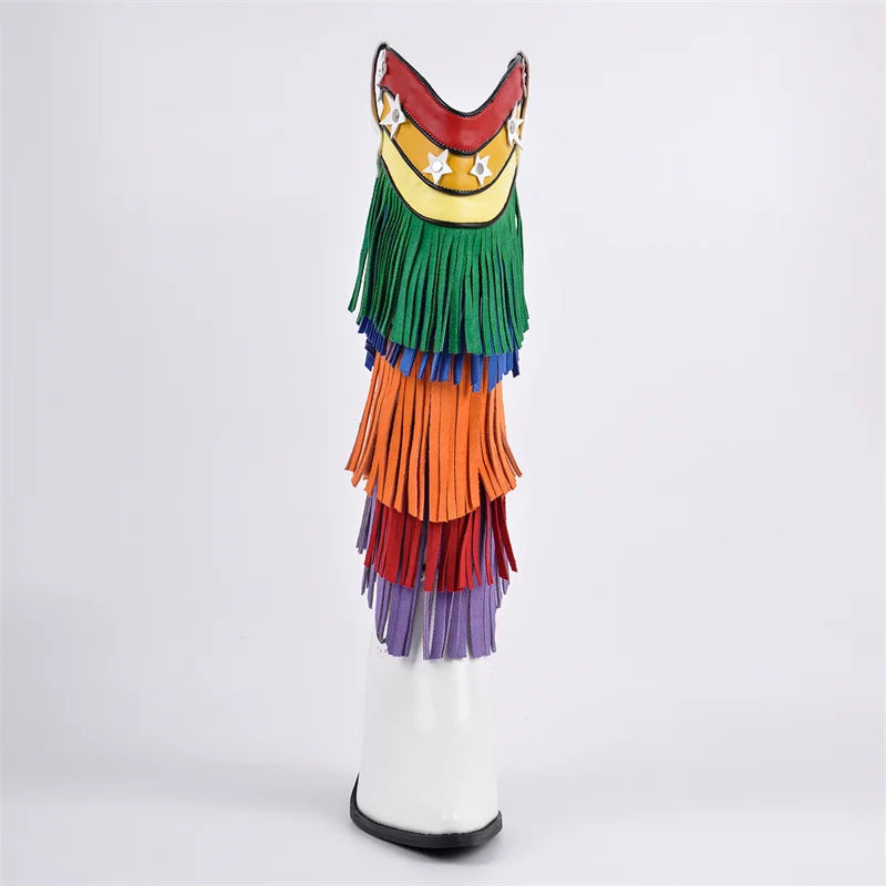Onlymaker Women Pointed Toe Fringe Rainbow Pull-On Cowboy Boots Knee High Cowgirl Boots