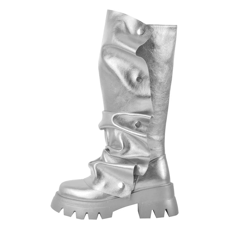 Onlymaker Women Platform Red Fold Over Boots Block Heel Round Toe Western Pull on Fashion Mid-Calf Female Boots