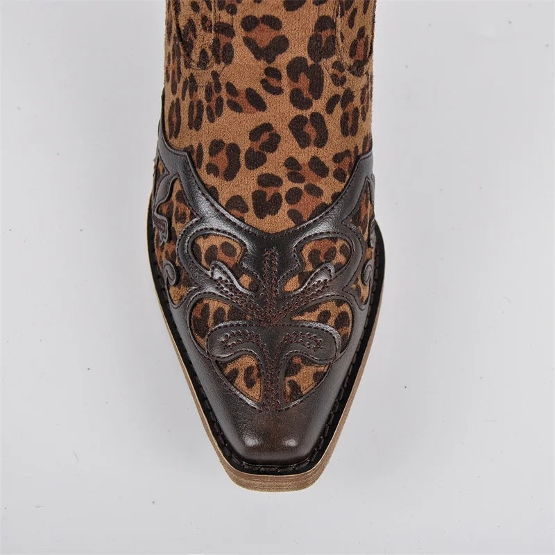 Onlymaker Women Pointed Toe Cow print Pull On Knee High Western Cowgirl Boots Chunky Heel Cowboy Boots