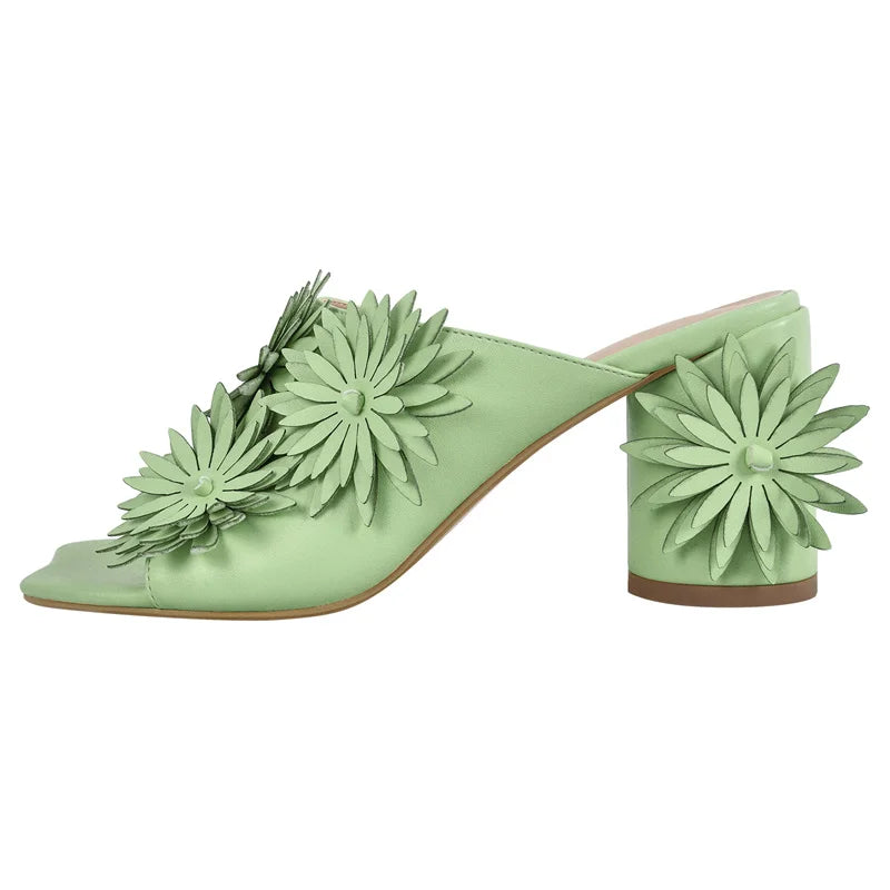 Women Square Toe Flower Mules Chunky Heels Slip On Summer Sandals