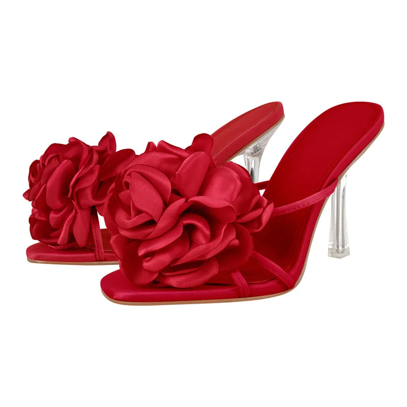 Women Open Toe Flower Mulesl Heels for Woman Slip On 10CM Metal Heel Sandals