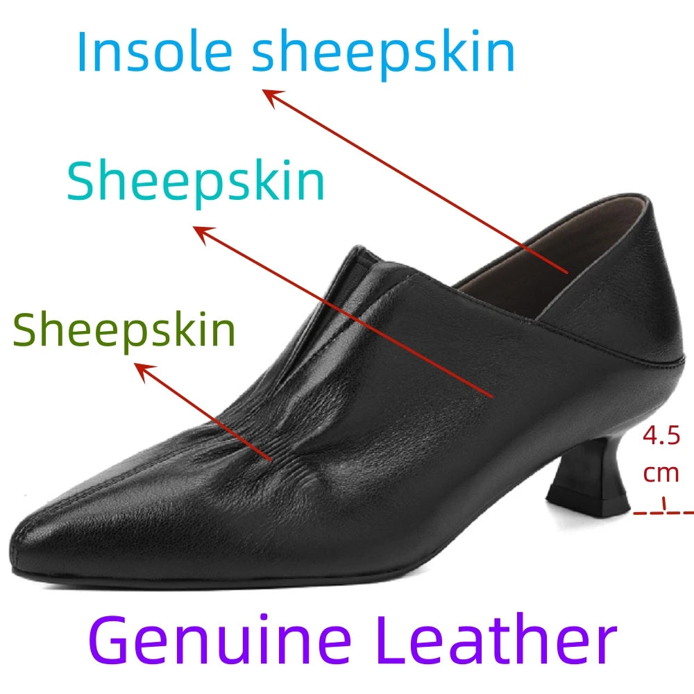 New Handmade Genuine Leather Soft and comfortable Women Retro Pointed Toe Shoes Mid Heels Loafers 34-40