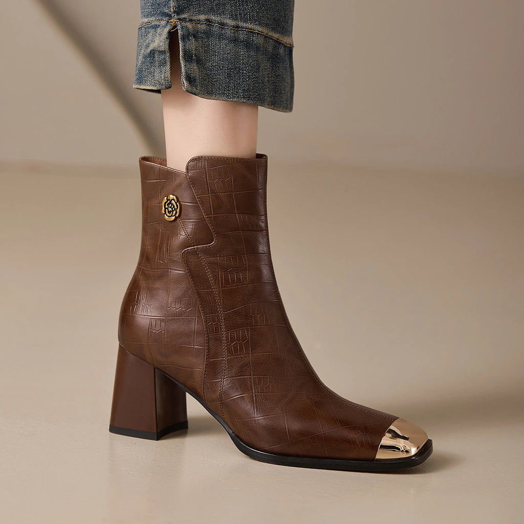 Women's Handmade Genuine Leather ort Boots Metal Square Head High Heel Autumn Winter Slim Fit Street Boots 34-40