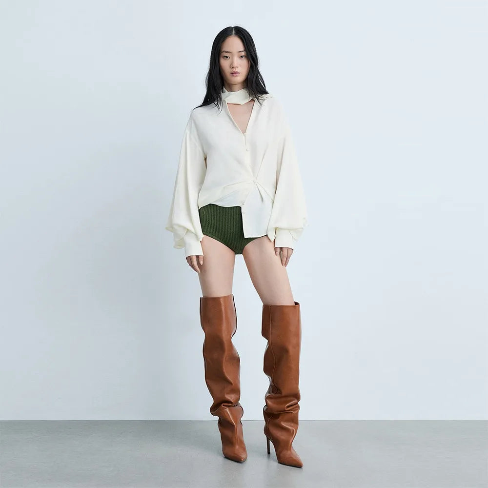 Fashion Pointed High Heels with Pleated Pile Boots, Size 46 Knee High Boots for Women, High Tube Boots