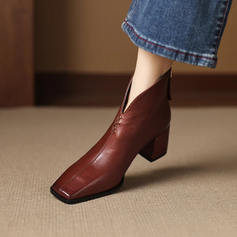 Women Handmade Genuine Leather Square Toe Ankle Boots Solid Womens Short Boots Modern Ladies Shoes 34-40