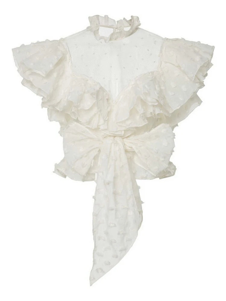 Ruffles Minimalist Shirts For Women Stand Collar Sleeveless Backless Patchwork Zipper Temperament Blouse Female Fashion New