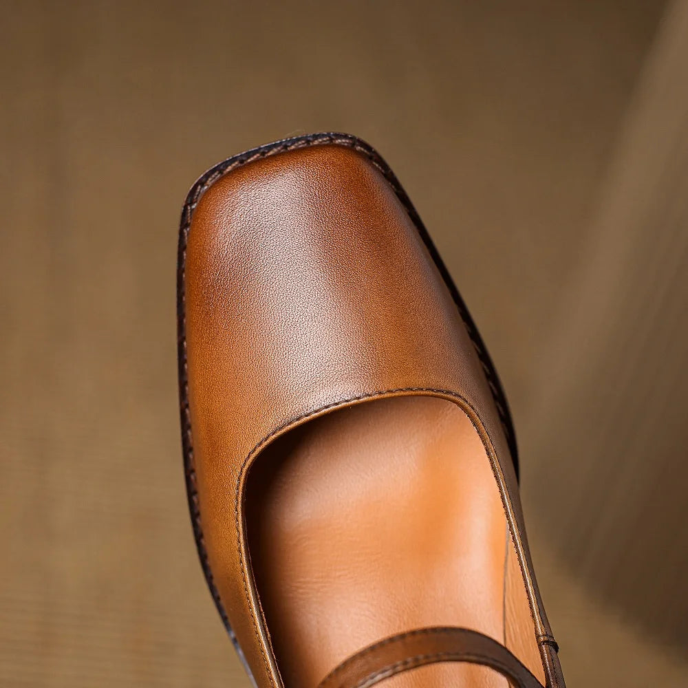Handmade Genuine Leather Mary Jane Women's Shoes Retro Buckle Shallow Mid Heel Square Toe Zapatos De Mujer 33-41