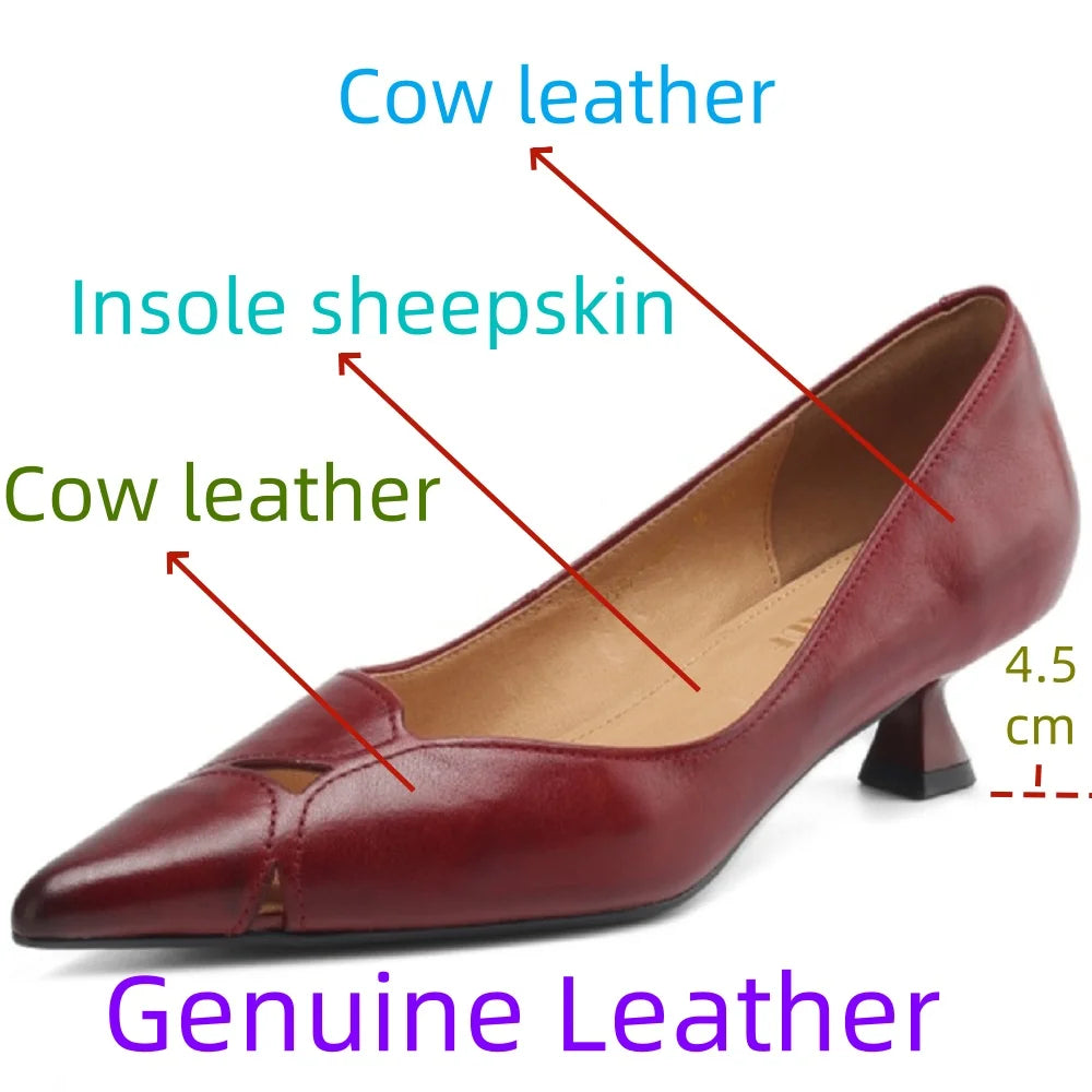 Handmade Genuine Leather Mid Heels Women Pointed Shallow Mouthed Single Shoes Attendant Formal Work Shoes 33-40