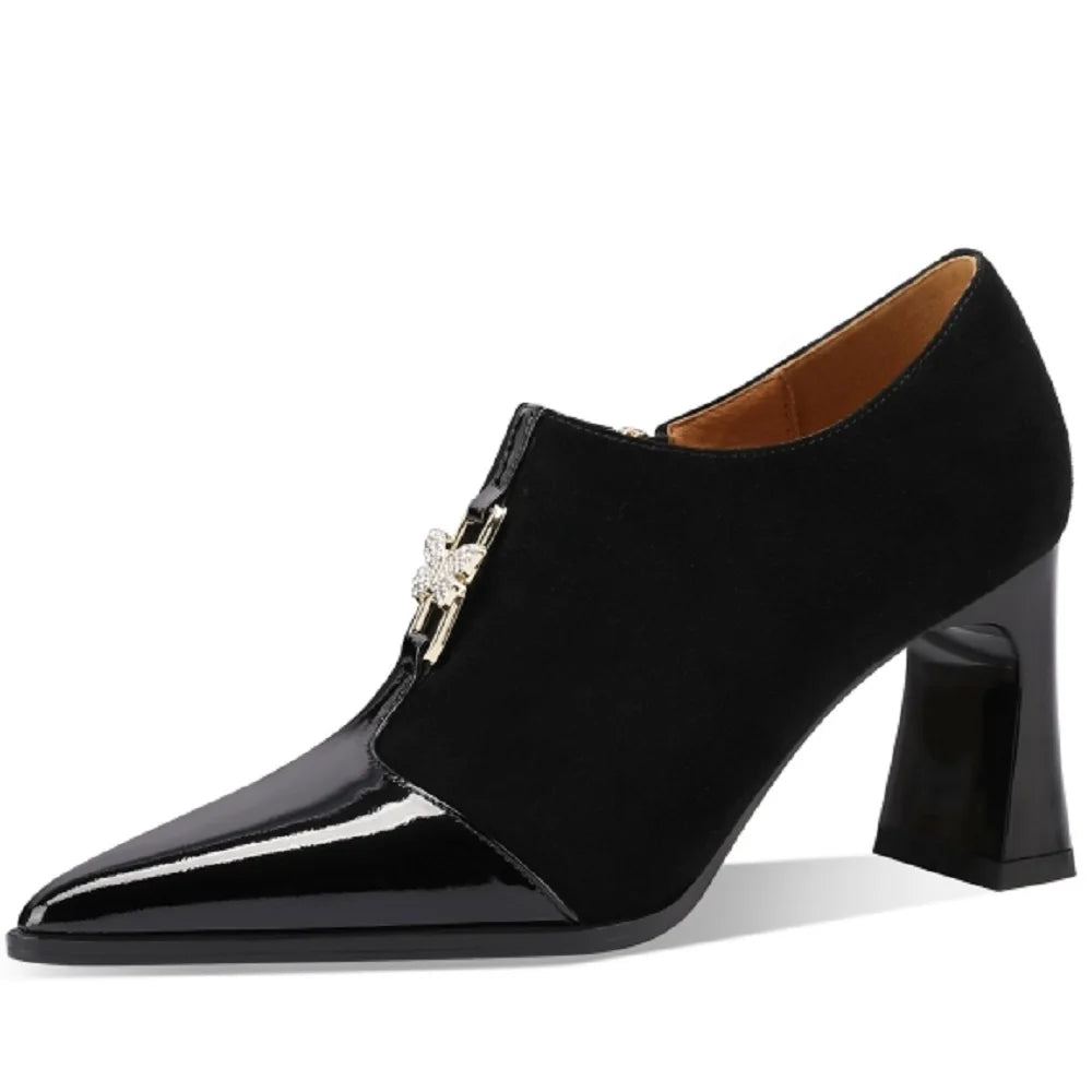 Women's New Handmade Brand Genuine Leather Retro Simple Pointed Side Zipper High Heel Large Top Work Shoes 33-43