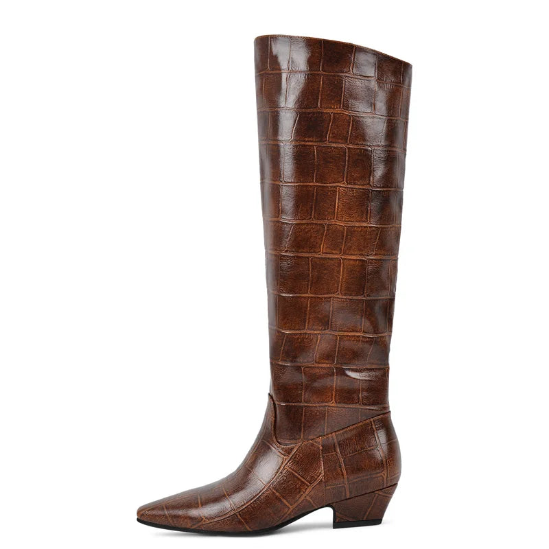 Onlymaker Women Pointed Toe Faux Leather Retro Western Cowgirl Boots Chunky Heel Pull on  Block Heel Boots