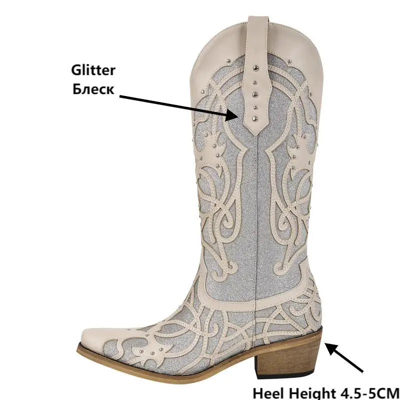 Onlymaker Women Glitter Rivet Pull-on Knee High Western Boots Big Size US15 Sparkly  Cowgirl Boots