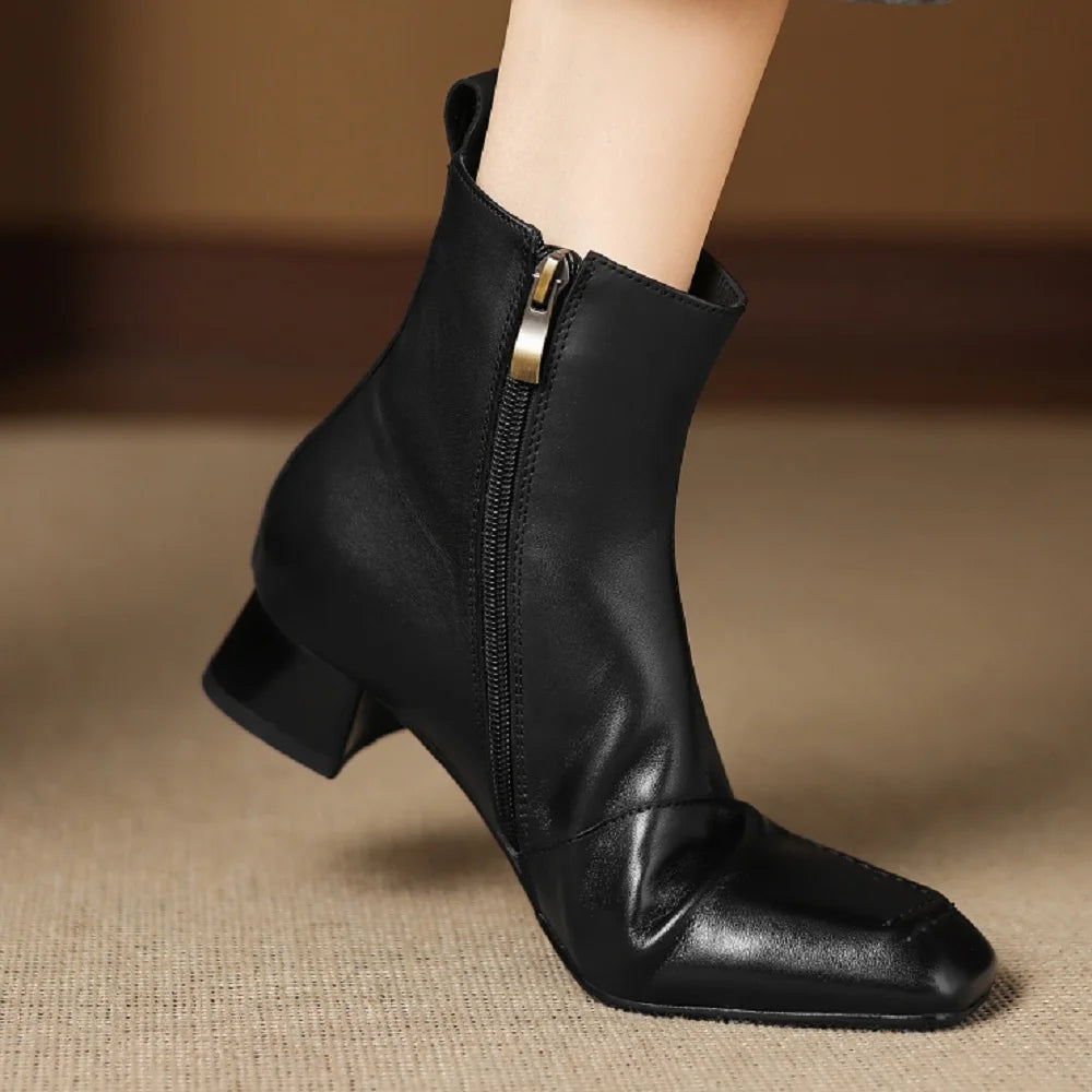 Women's Handmade Genuine leather square toe zip Soft comfortable ankle boots elegant ladies med heel dress 34-40