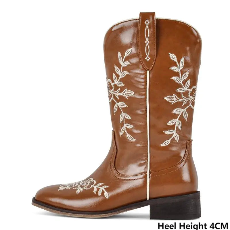 Women Brown Square Toe Embroidery Western Cowgirl Boots Pull On Knee High with Chunky Heel Embroidered Boots