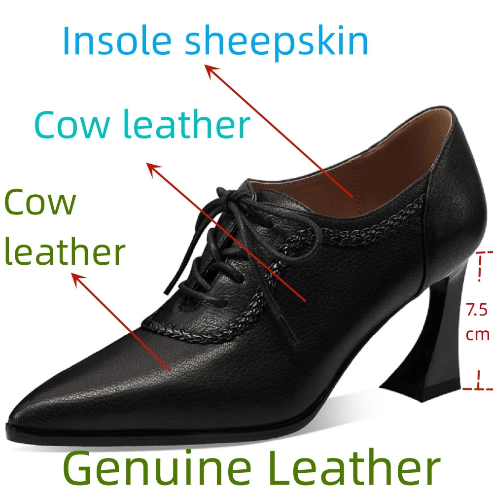 Women Handmade Genuine Leather Pointed Toe Lace-up Thick Heel Platform Retro Classic Spring Autumn 33-43