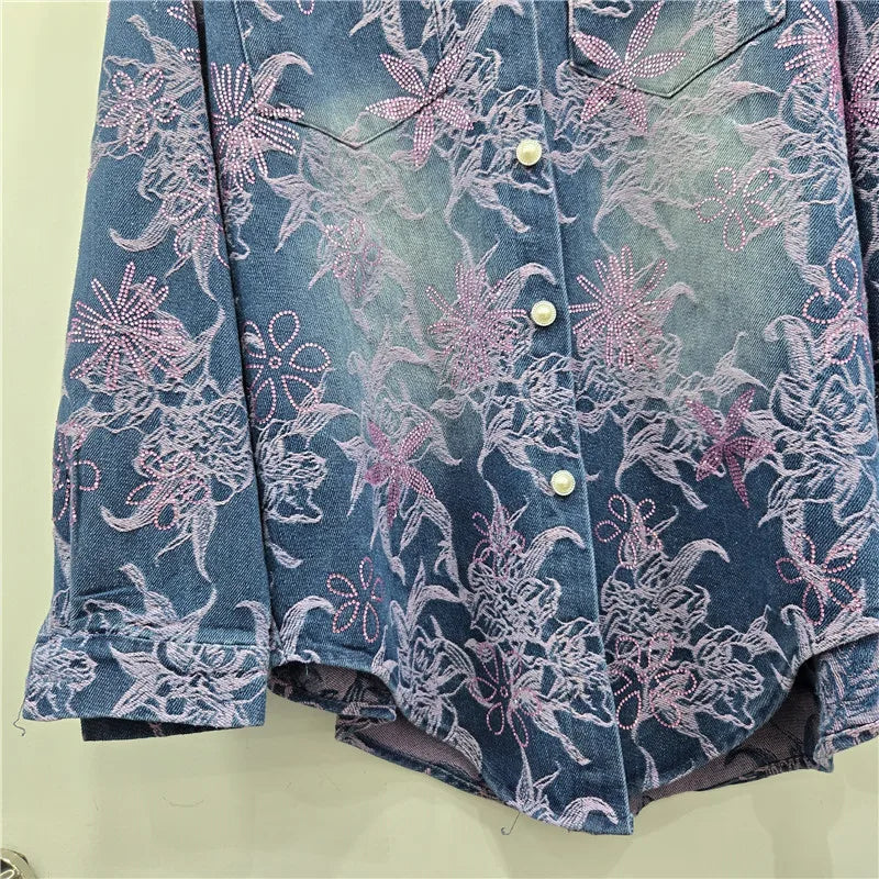 2026 Spring Fashion Heavy Jacquard Rhinestone Design Long Sleeve Denim Shirt Jacket For Women Loose Casual Blouse 11A08701